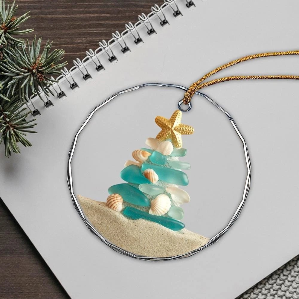 Beach-Inspired Glass Ornament with Sea Glass and Shells for Christmas Tree