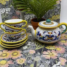 7 piece Deruta Pottery teapot and saucer set