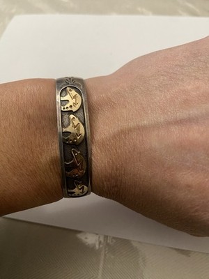 Vintage Native American Sterling Silver Gold Overlay Bear Heartline Cuff Bracel