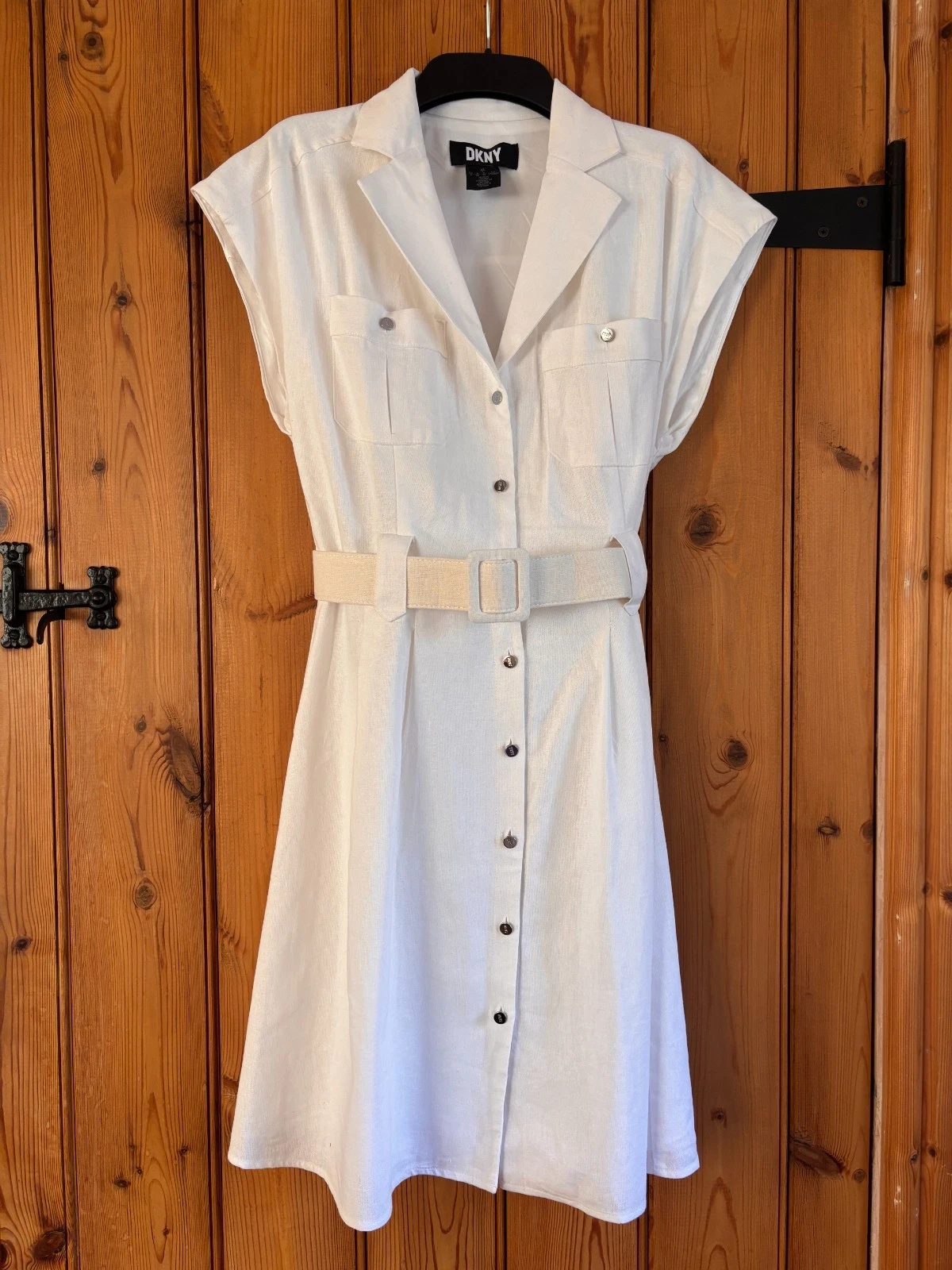 DKNY white linen sleeveless belted shirt dress, Size UK 10
Opens in a new window or tab
