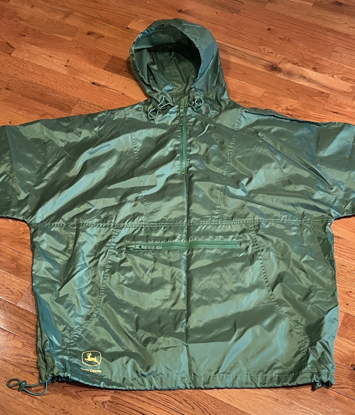 John Deere Windbreaker Rain Jacket Mens XL Green 1/4 Zip Pocket Hood Pull Over
