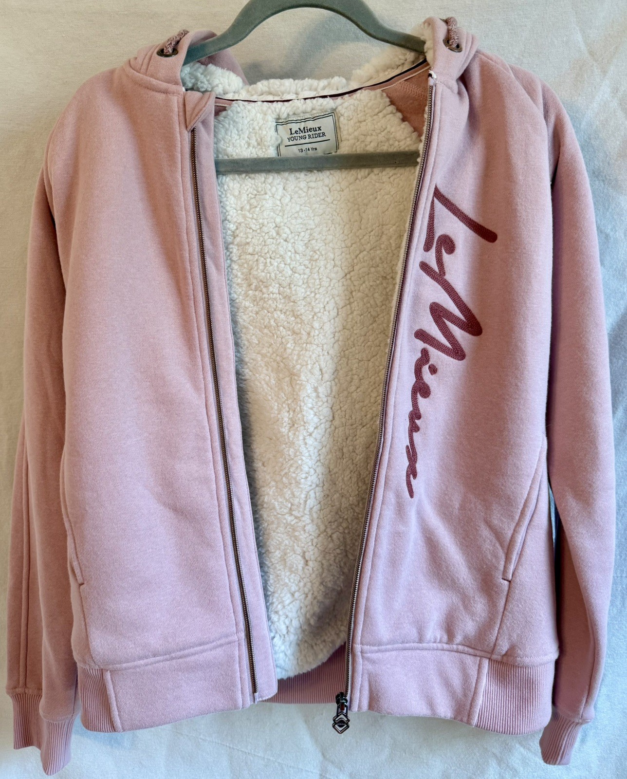 LeMieux Young Rider Sherpa Lined Hoodie • Pink • Embroidered Logo • Size 13-14