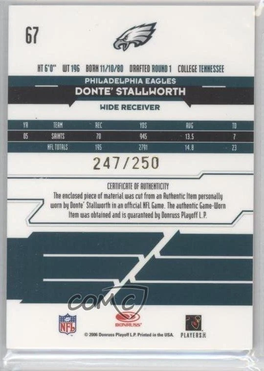 2006 Leaf Rookies & Stars Longevity Parallel Gold Materials Donte Stallworth - Image 2 of 2