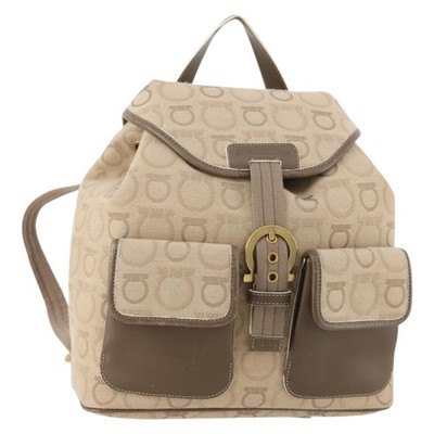Salvatore Ferragamo Gancini Backpack Canvas Beige Gold Auth BA10432 Salvatore Ferragamo Gancini Backpack Canvas Beige Gold Auth  main image 4