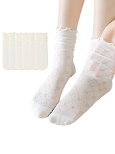 POTXRESD Women's Ruffle Socks Mesh Casual Lace One Size, 6 Pairs 04white