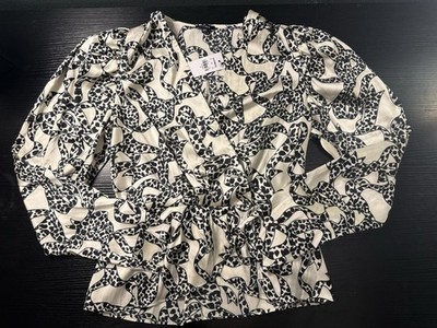 Express Women s Blouse Bow Print Long Sleeve Plunge Neck Size S Elegant Retro