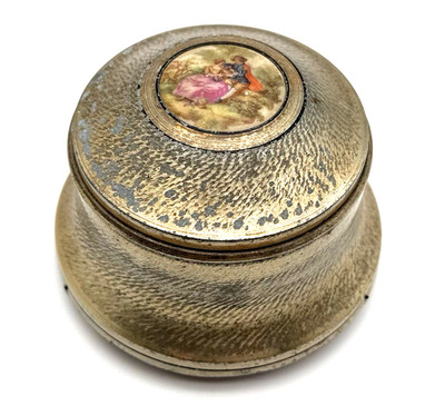 Vintage Musical Powder Puff Trinket Box Metal Vanity Jewelry Music Box Working