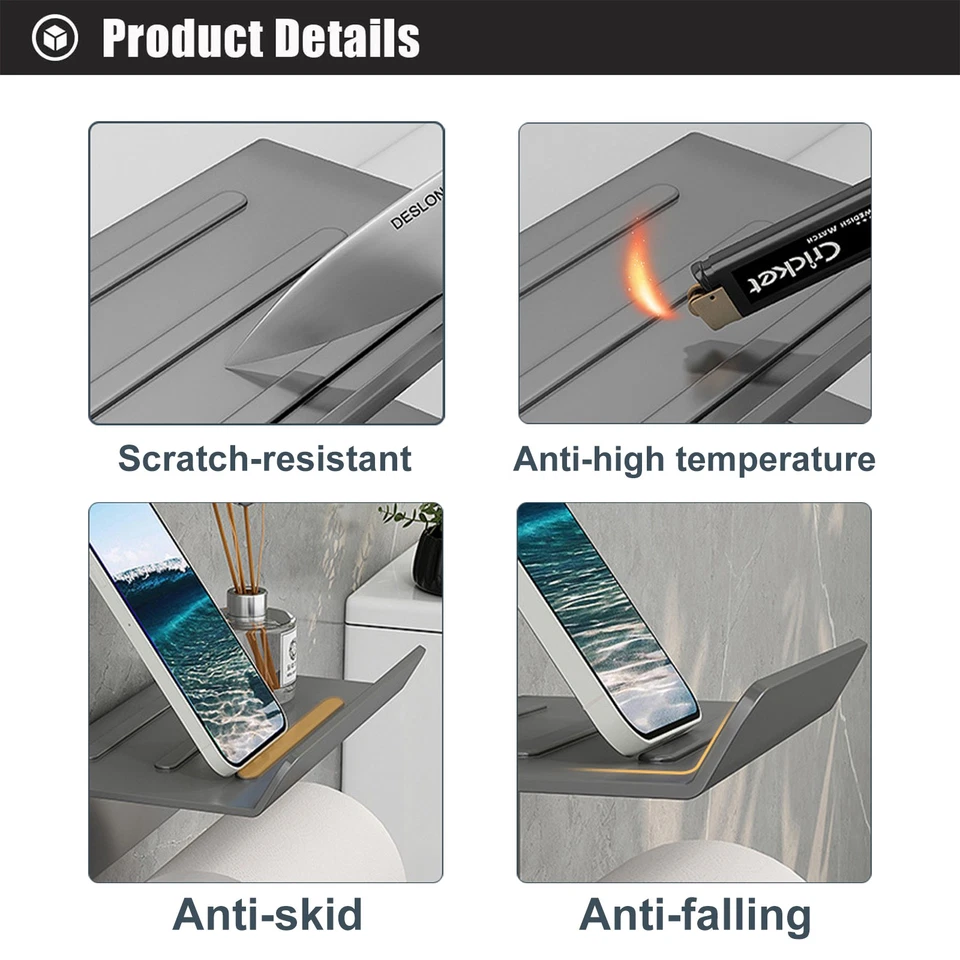 Soporte de papel higiénico moderno negro con estante de almacenamiento estante montado en la pared Foto 4 de 4