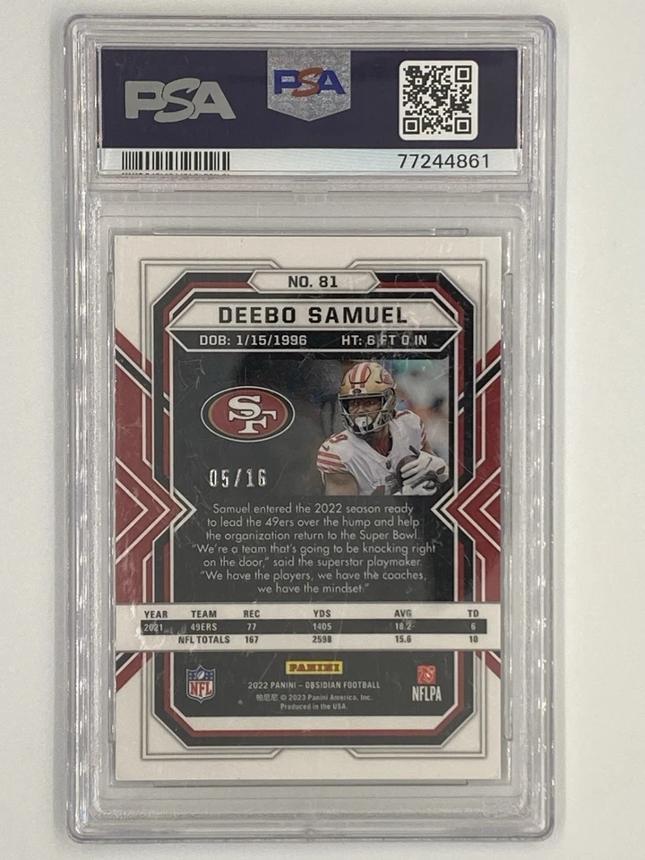 DEEBO SAMUEL 2022 Panini Obsidian #81, Electric Etch Purple Flood /16, PSA 9 - Image 2 of 4