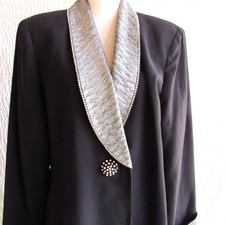 Black Evening Coat L Silver Lame Vintage Set Quality Rhinestones Designer Miller