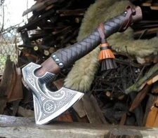 HAND FORGED CARBON STEEL VIKING HACHET AXE  With Leather SHEATH