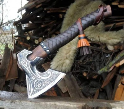 HAND FORGED CARBON STEEL VIKING HACHET AXE  With Leather SHEATH