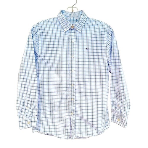 Vineyard Vines Plaid Whale Shirt 100% Cotton Boy's 12/14 Medium Blue White - Picture 3 of 6