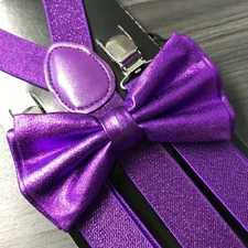 Metallic Purple Glitter Suspenders and Bow Tie Matching Set Wedding Prom Adult