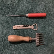 VTG Lot 6-Prong Ice Chipper Red Wood Pick Multi Combo Bottle Opener Corkscrew