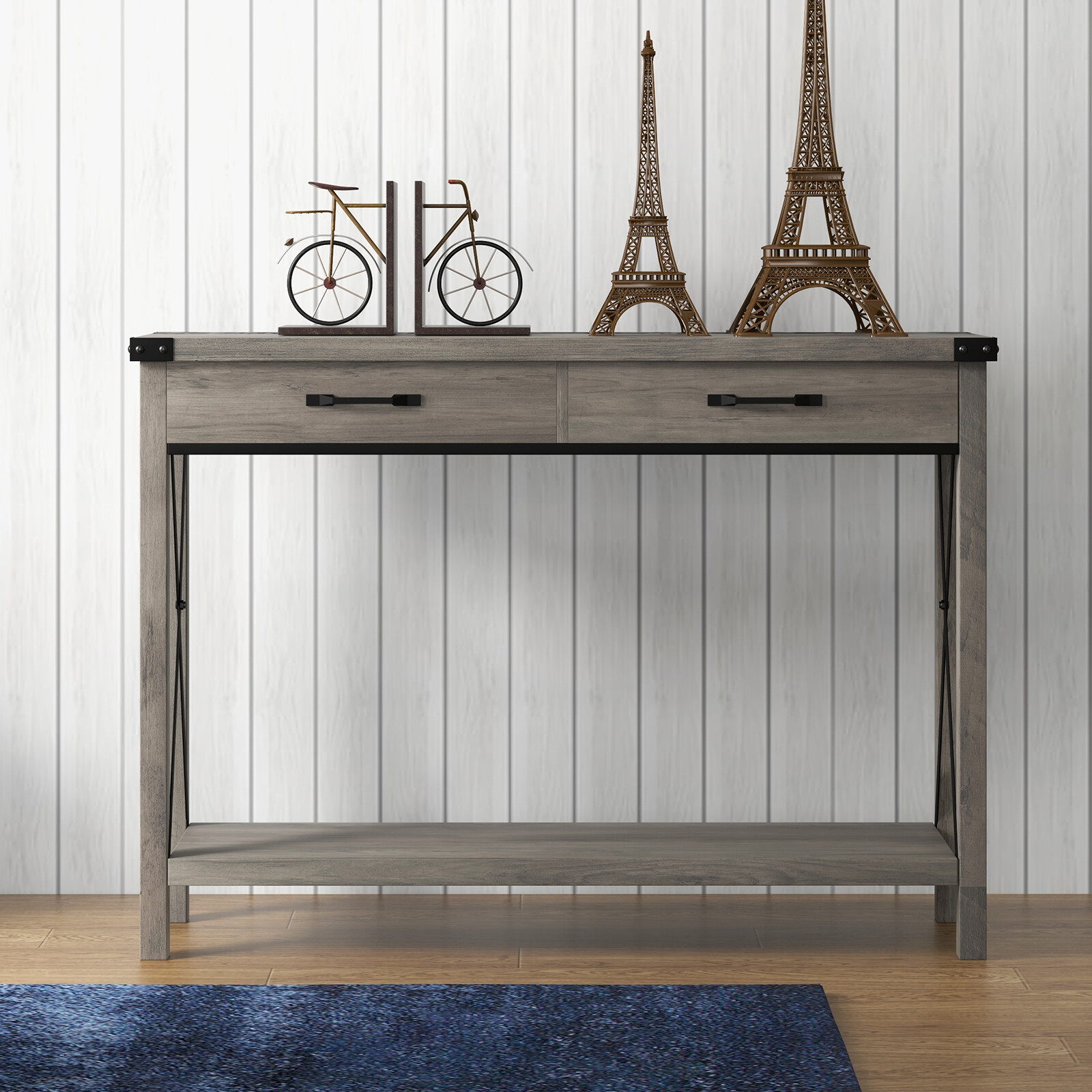 Modern Console Table with 2 Drawers, Long Narrow Sofa Table with Storage Shelves