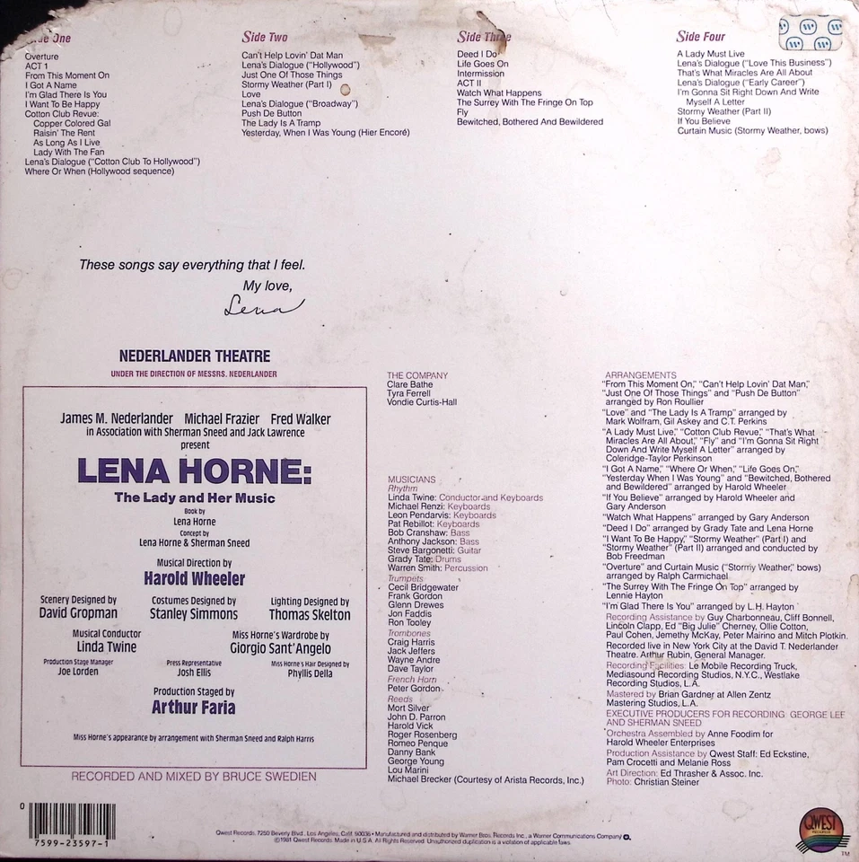 LENA HORNE THE LADY AND HER MUSIC LIVE ON BROADWAY VINYL 2-LP SET 107-68 - Image 2 of 4