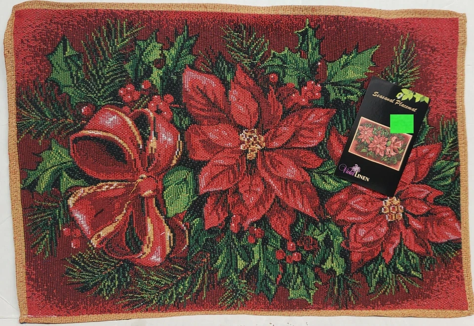 Set of 2 Tapestry Placemats,13"x19", CHRISTMAS POINSETTIA FLOWERS & BERRIES, VL - Image 3 of 4