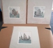 Set of 3 Matted Chinese Junk 8 inches x 8 inches Watercolour Prints