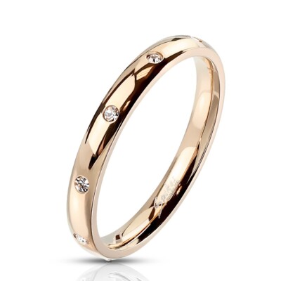 Stainless Steel CZ 3mm Eternity Band Ring Size 5-10 Rainbow Rose Gold Plated