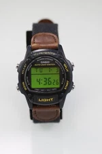 Casio Men Watch Black Plastic 50m Brown Leather Date Alarm Chron Light Quartz