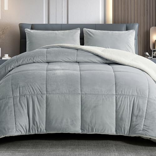 Comforter Set Micromink Sherpa Comforter 3 Piece Ultra Soft Queen Light Grey-image