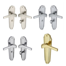 Art Deco Style Waldorf Bathroom Door Handle w/ lock Silver Chrome Satin Brass 