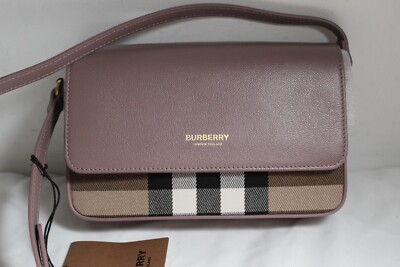 NWT Burberry New Hampshire Leather House Check Canvas Shoulder Bag Crossbody
