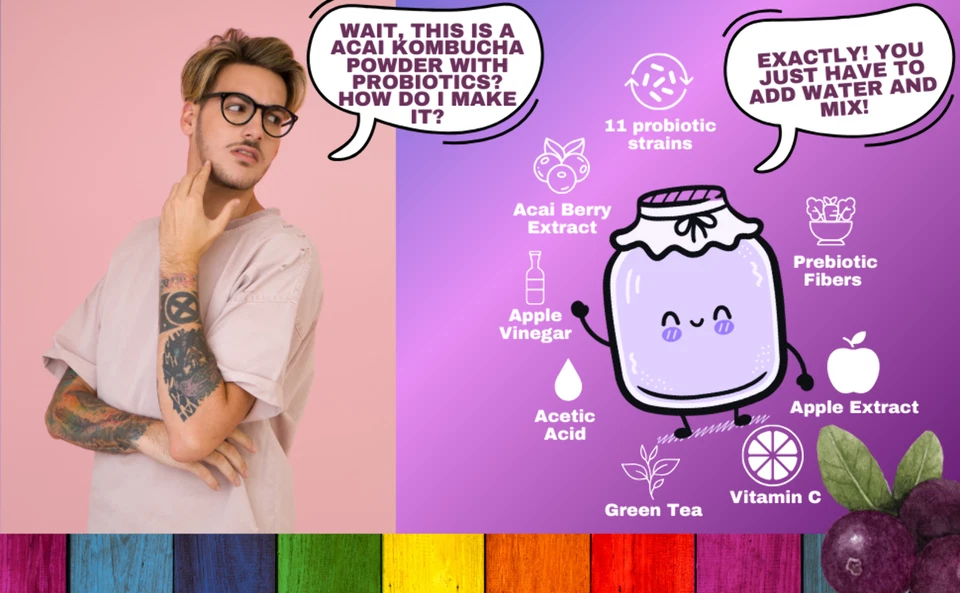 Mezcla de té en polvo Acai Kombucha - Solo agrega agua - Probióticos y prebióticos - 8 OZ Foto 4 de 4