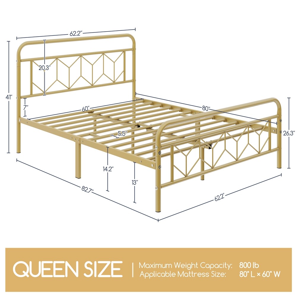 Vintage Metal Bed Frame Platform Bed Frame with Diamond Pattern Headboard