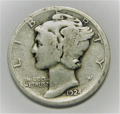 1924 P Mercury Dime circulated 90% Silver  Good G to Very Good VG