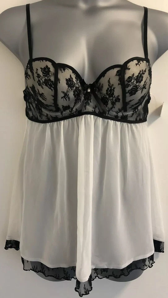 Linea Donatella White & Black Bodice Sheer Underwired Chemise & Thong Set Small - Image 4 of 4