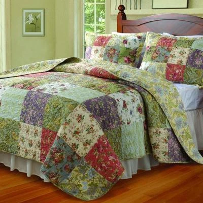 QUALITY BEAUTIFUL ANTIQUE GARDEN FLORAL BLUE RED PURPLE YELLOW GREEN OVERSIZE QUILT SET
