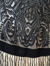 Vintage Silk Velvet Burn Out Scarf Black Tasseled 64  X 13  Soft Cozy Beautiful