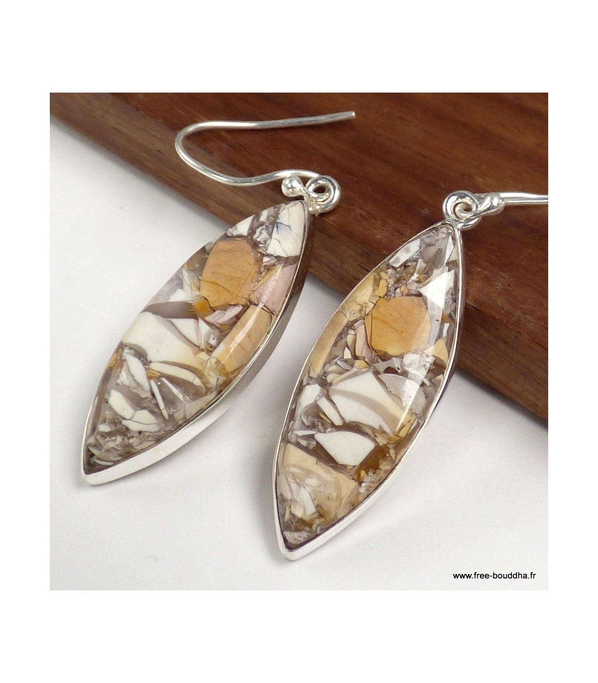 Boucles d'oreilles Jaspe Brecchia anti-allergie en pierre brique marquise
