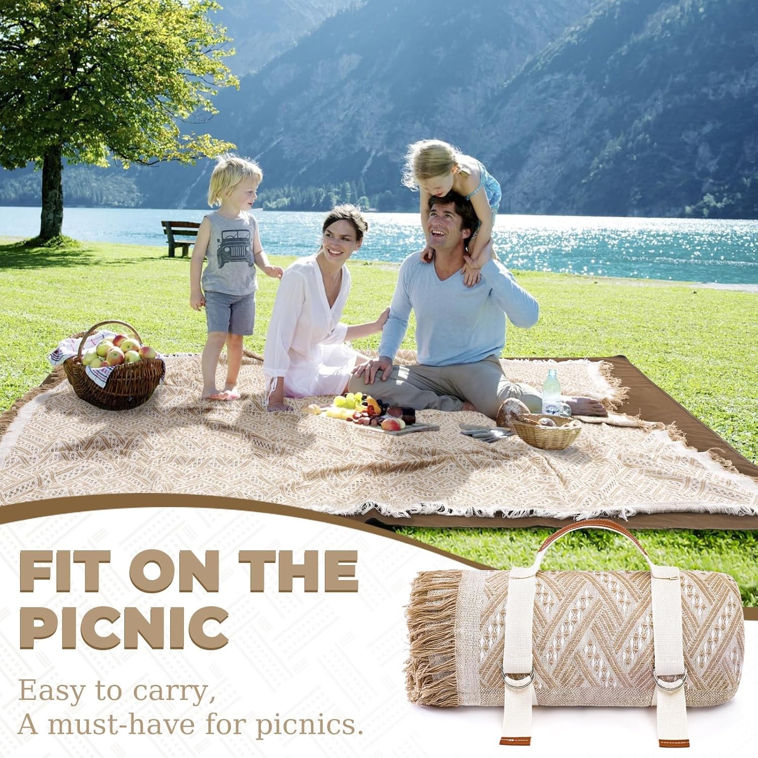 Genovega 2 in 1 Extra Large Outdoor Picnic Blanket Waterproof Woven Boho Mat Gia