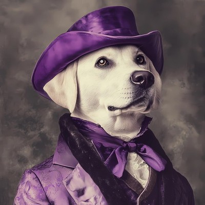Lord Labrador in a sophisticated purple outfit, including a top hat and a coordi