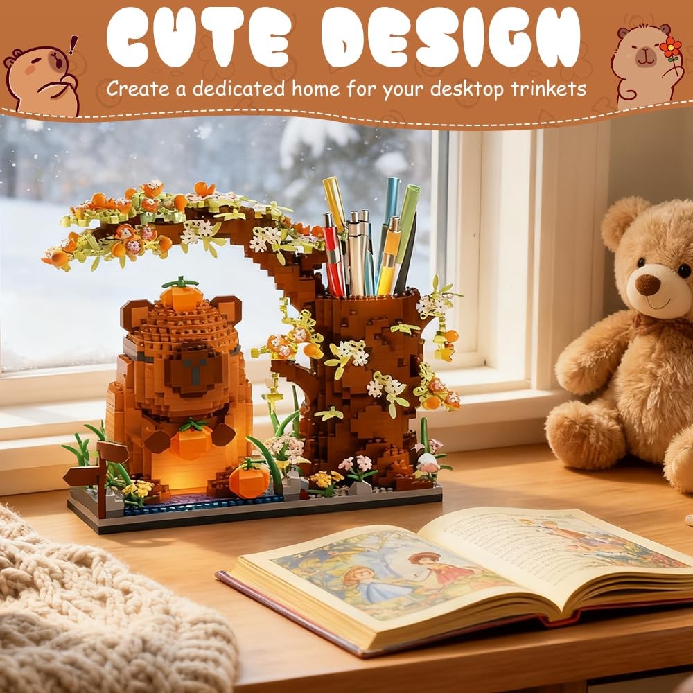 Porte stylo capybara en blocs avec structure compacte et design pixel art marron