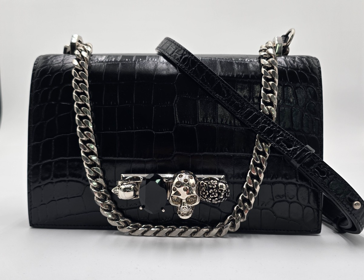 Alexander McQueen Shoulder Bag Chain Skull Knuckle Stone Embossed 