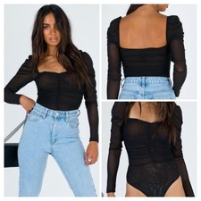 Princess Polly Bodysuit Womens 4 Black Ruched Mesh Long Sleeve Sheer Snap Crotch