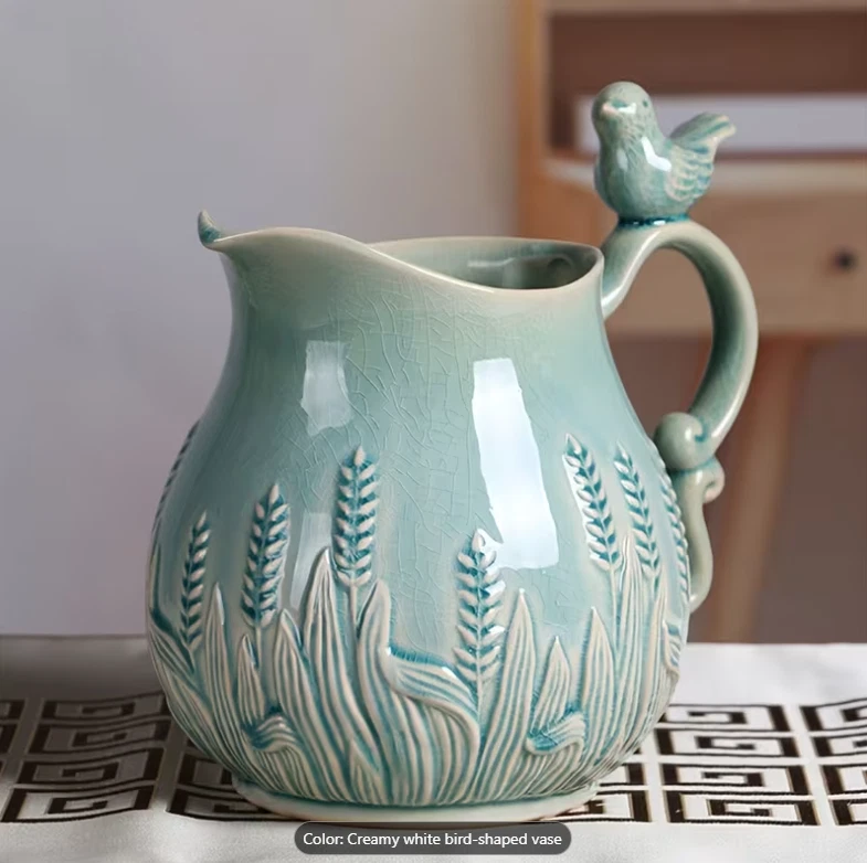 1pc Rustic Ceramic Vase with Bird Handle & Floral Pastoral Vase