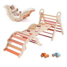 Pikler Triangle Set, 9-in-1 Toddler Climbing Toys Indoor, with 2 Wooden Cars, Cu