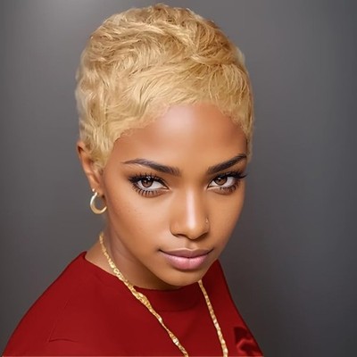 Brazilian Human Hair Pixie Cut Wig for Women Honey Blonde Straight Short Wig Dai