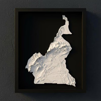 3D Cameroon Map Wall Art: Topography in Black Wood Frame