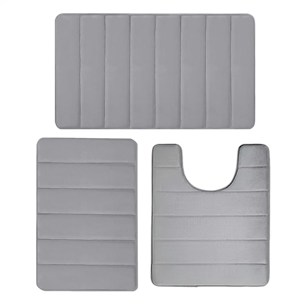 3PC Bathroom Set Rug Contour Mat Toilet Lid Cover Plain Solid Color Bathmats - Image 2 of 4