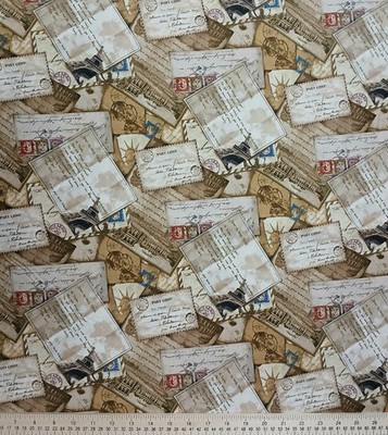 Cotton Dear Friends Letters Post Postcards Stamps Fabric Print by Yard D582.97