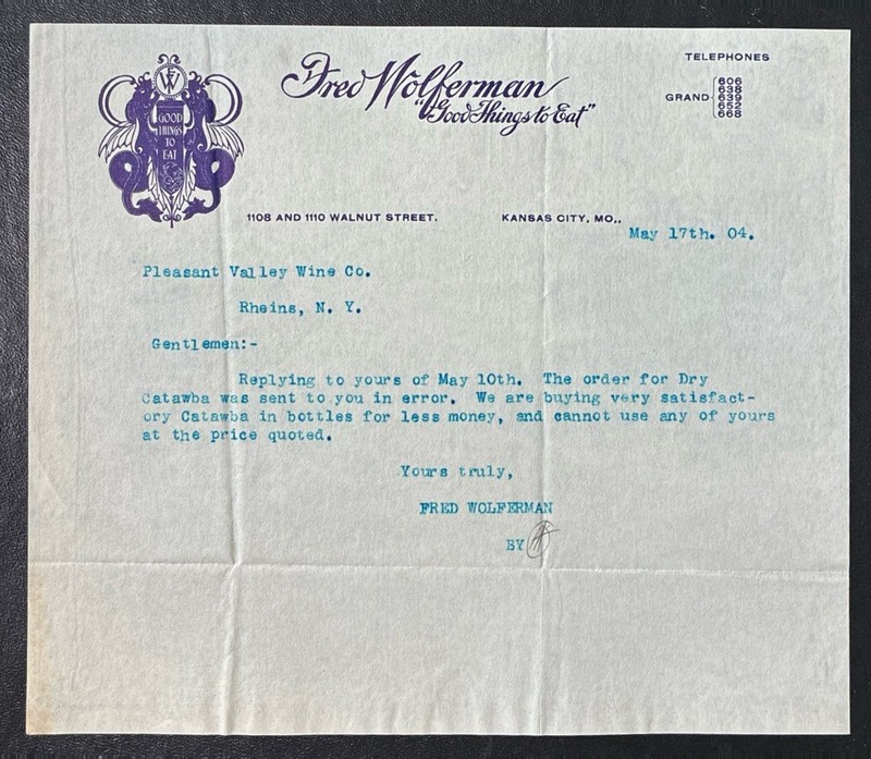 KANSAS CITY, MO ~ FRED WOLFERMAN, “Good Things to Eat” ~ Illus. Letterhead 1904