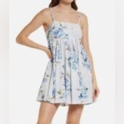 NWT Willow Rubi Babydoll Linen Blend Dress in Blue White Floral - Size M