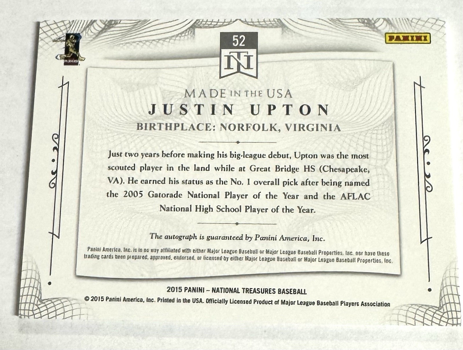 JUSTIN UPTON Auto 4/10 -2015 Panini National Treasures - Made In USA Patch Auto view 2