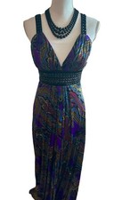 Vtg Y2k XOXO Babydoll Maxi Long Dress SATIN Medium Beaded Straps Tie Paisley